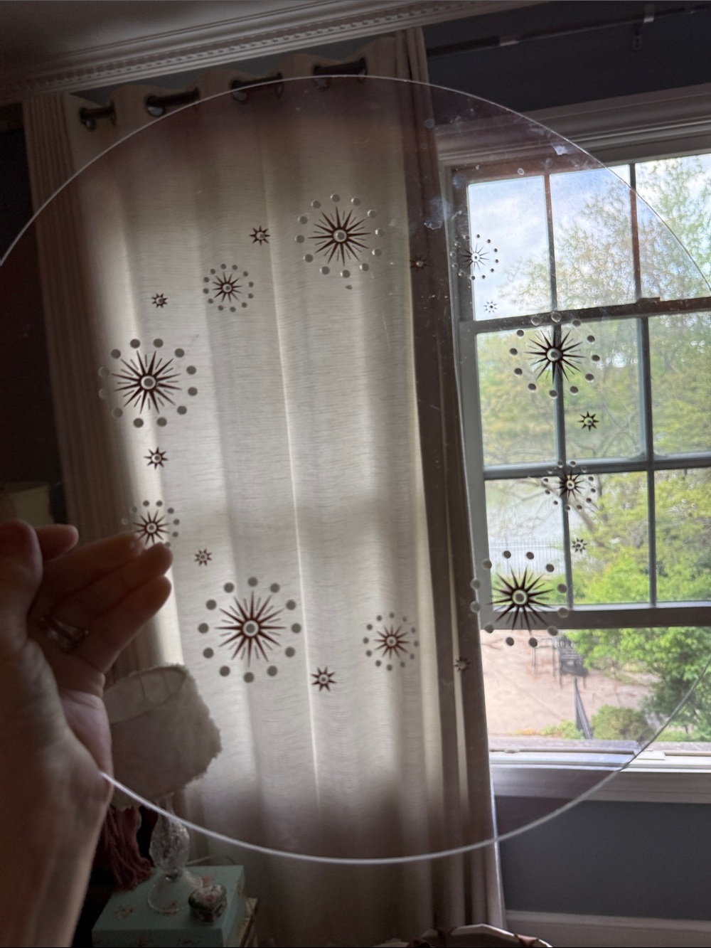 Clear Etched Glass Round Serving Platter with Starburst Motif